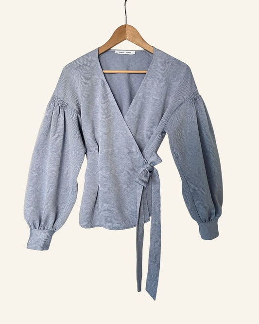 SAMSOE SAMSOE Merrill pale blue wrap blouse with puff sleeves