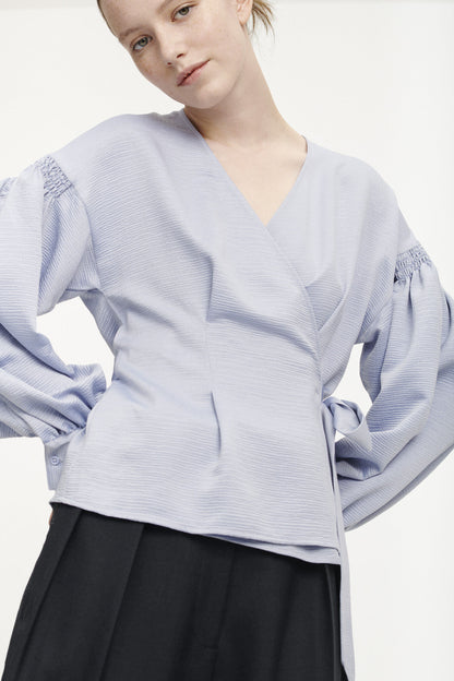 SAMSOE SAMSOE Merrill pale blue wrap blouse with puff sleeves