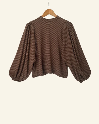 SAMSOE SAMSOE harriet gingham checked brown blouse puff sleeves
