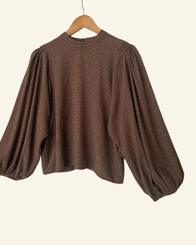 SAMSOE SAMSOE harriet gingham checked brown blouse puff sleeves