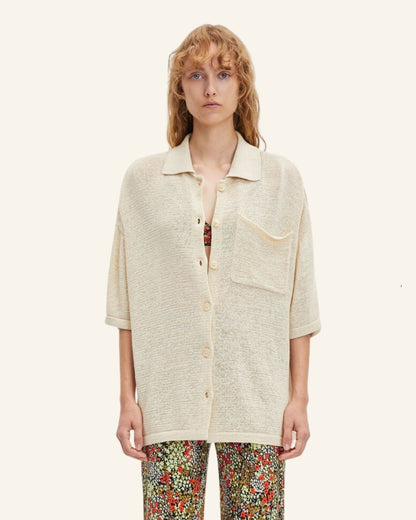 SAMSOE SAMSOE mel ss oversized cream beige cotton blend short-sleeved knit cardigan shirt