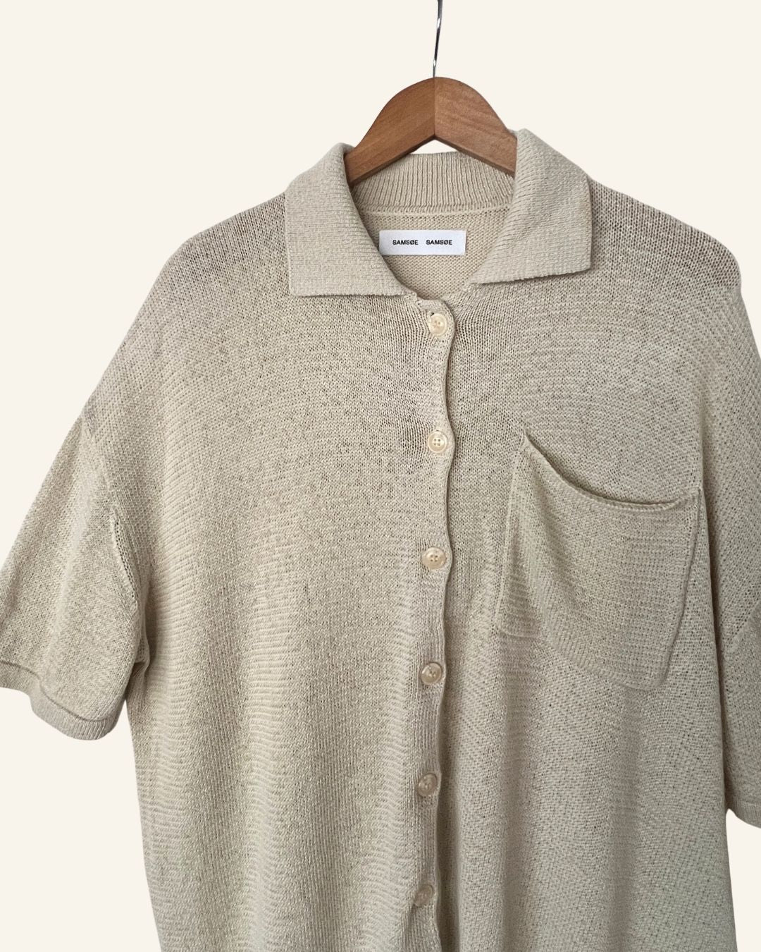 SAMSOE SAMSOE mel ss oversized cream beige cotton blend short-sleeved knit cardigan shirt