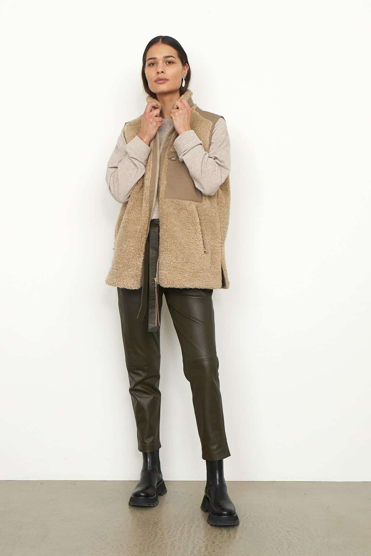 SECOND FEMALE dark beige oversize zipped teddy waistcoat krizian