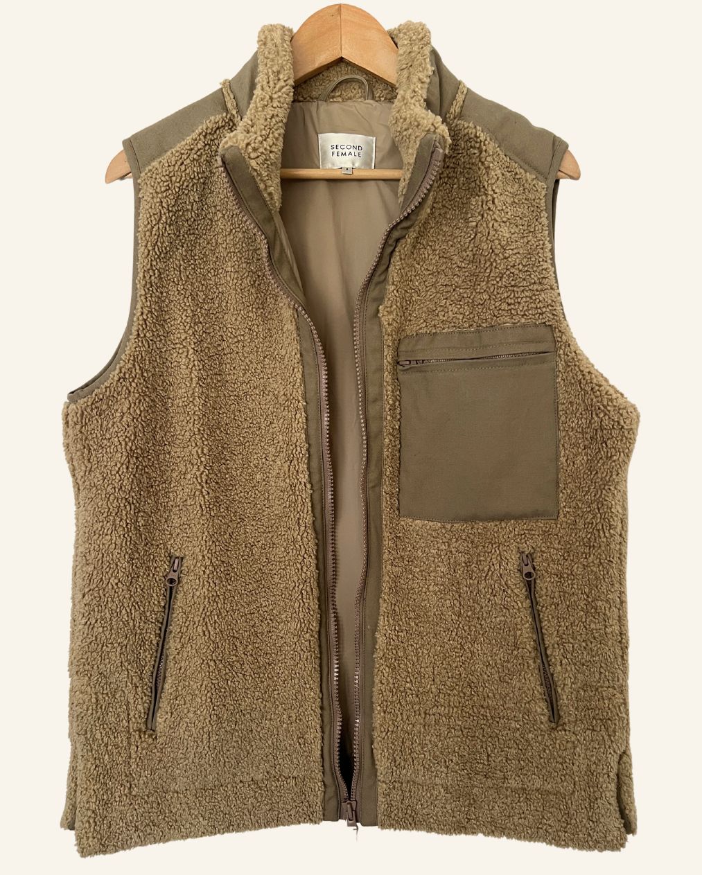 SECOND FEMALE dark beige oversize zipped teddy krizian waistcoat