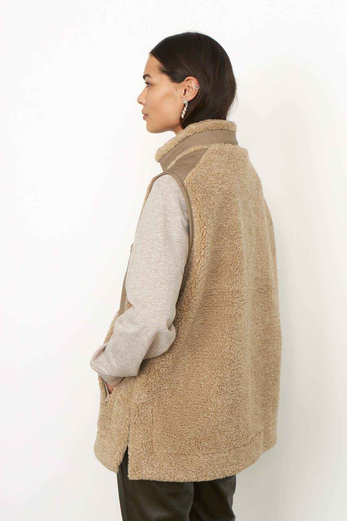 SECOND FEMALE dark beige oversize zipped teddy waistcoat krizian