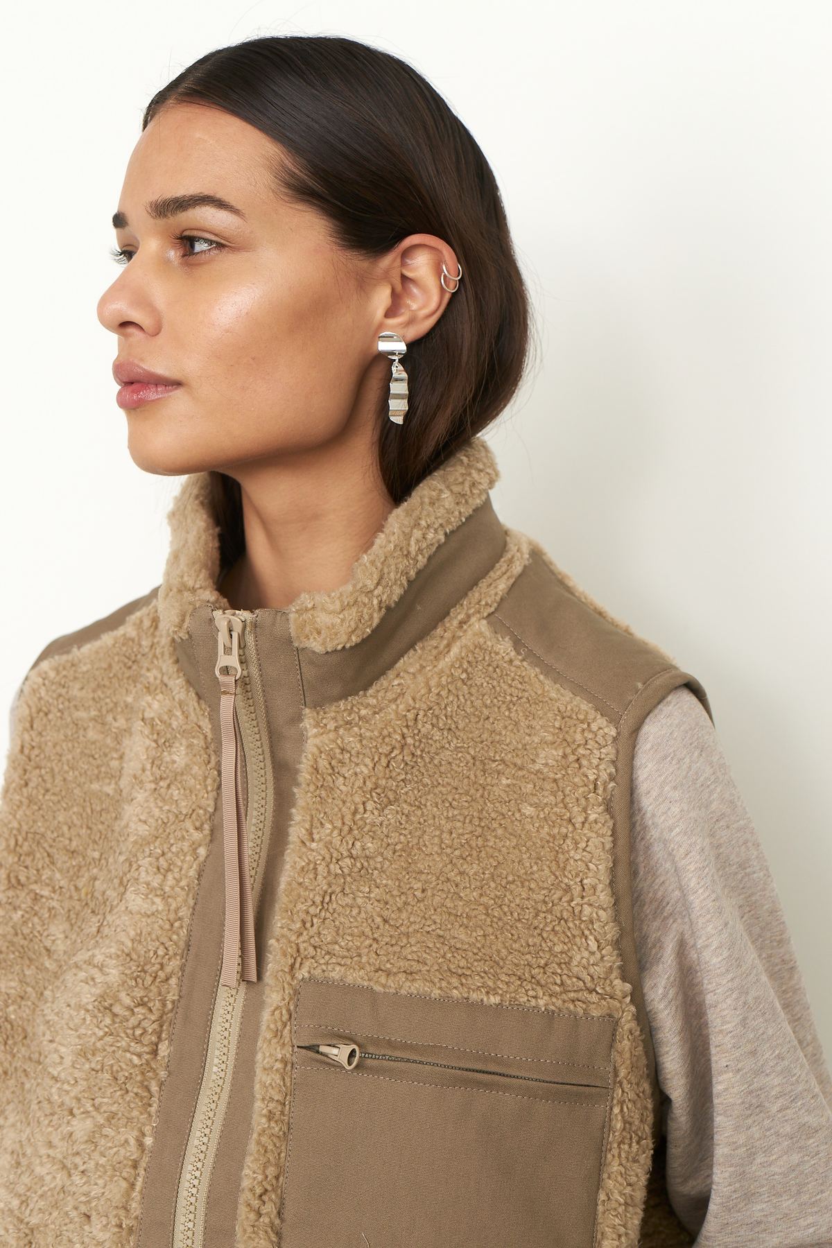SECOND FEMALE dark beige oversize zipped teddy waistcoat krizian