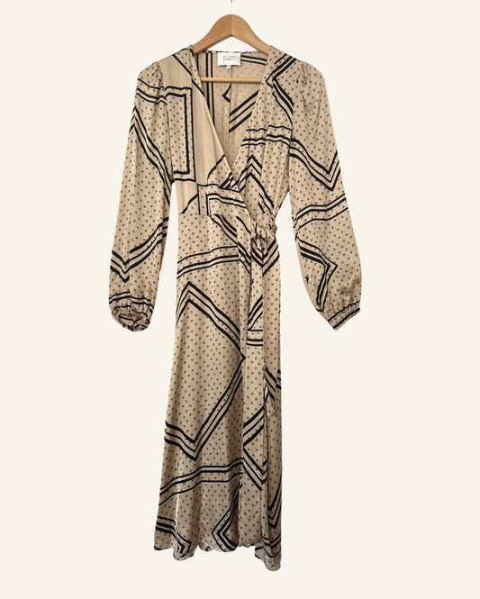 SECOND FEMALE satin beige patchwork pattern wrap midi dress