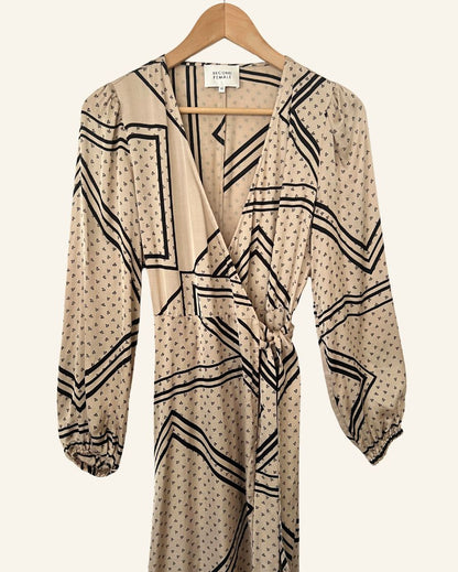 SECOND FEMALE satin beige patchwork pattern wrap midi dress