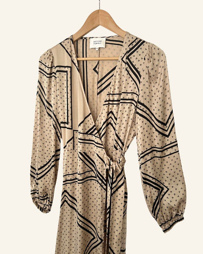 SECOND FEMALE satin beige patchwork pattern wrap midi dress