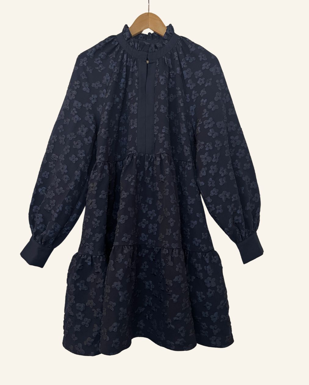 STINE GOYA "Jasmine" dark blue jacquard balloon sleeves embroidered dress