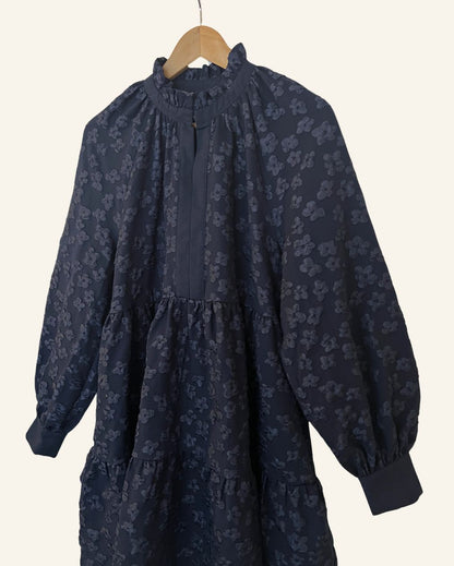 STINE GOYA "Jasmine" dark blue jacquard balloon sleeves embroidered dress