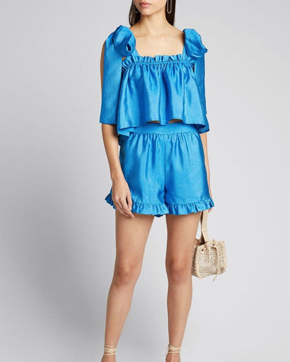 STINE GOYA "Joselyn" blue ruffled high-waist satin shorts