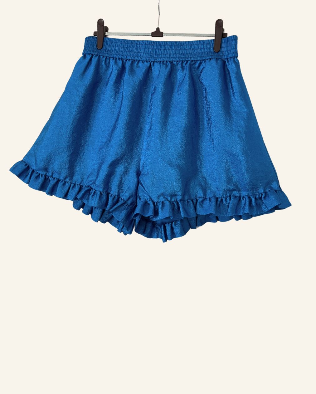 STINE GOYA "Joselyn" blue ruffled high-waist satin shorts