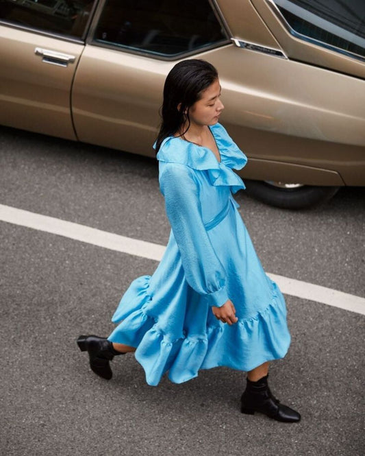 STINE GOYA "Steffi" aqua blue metallic shiny satin ruffle trim puff sleeves long wrap dress 