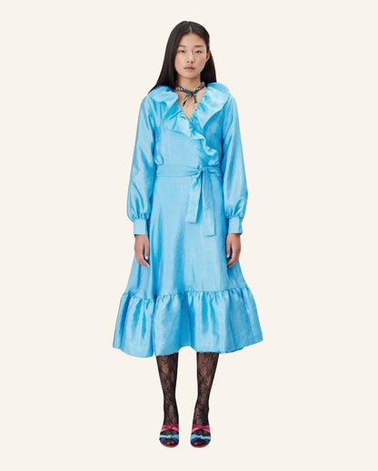 STINE GOYA "Steffi" aqua blue metallic shiny satin ruffle trim puff sleeves long wrap dress 