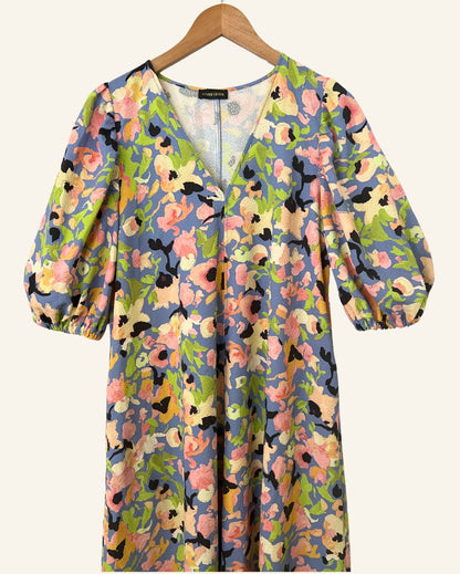 STINE GOYA beautiful long blue floral dress with puff sleeves mavelin