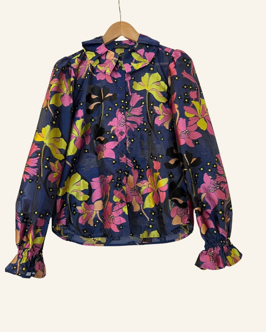 STINE GOYA dark blue embroidered floral print blouseautumnjacquard