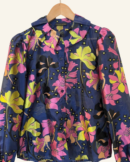 STINE GOYA dark blue embroidered floral print blouseautumnjacquard