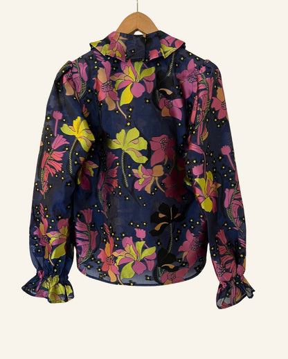 STINE GOYA dark blue embroidered floral print blouseautumnjacquard