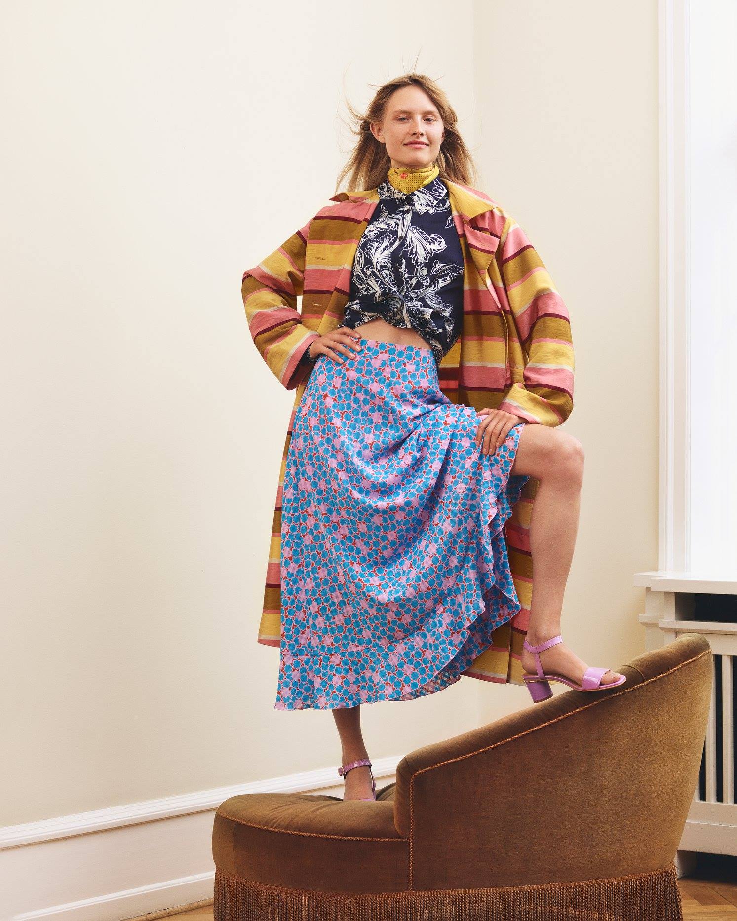 STINE GOYA marigold blue pink printed midi satin skirt