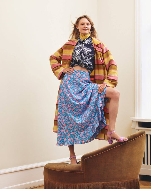 STINE GOYA marigold blue pink printed midi satin skirt