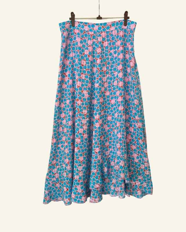 STINE GOYA marigold blue pink printed midi satin skirt