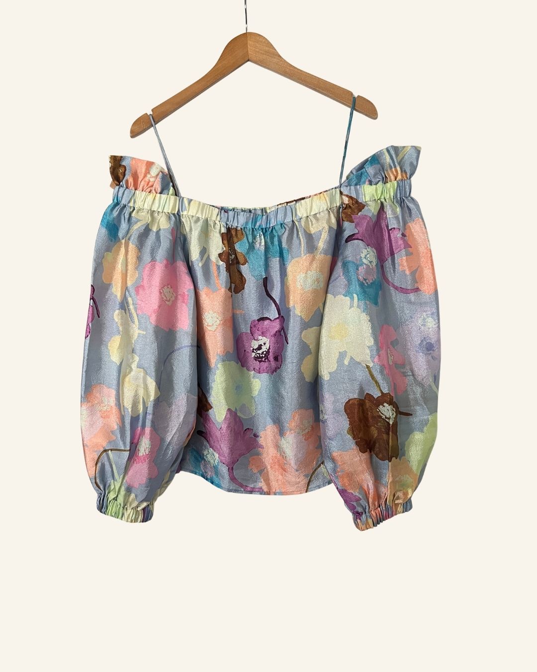 STINE GOYA stefanie off shoulders straps satin floral printed blouse with puff sleeves
