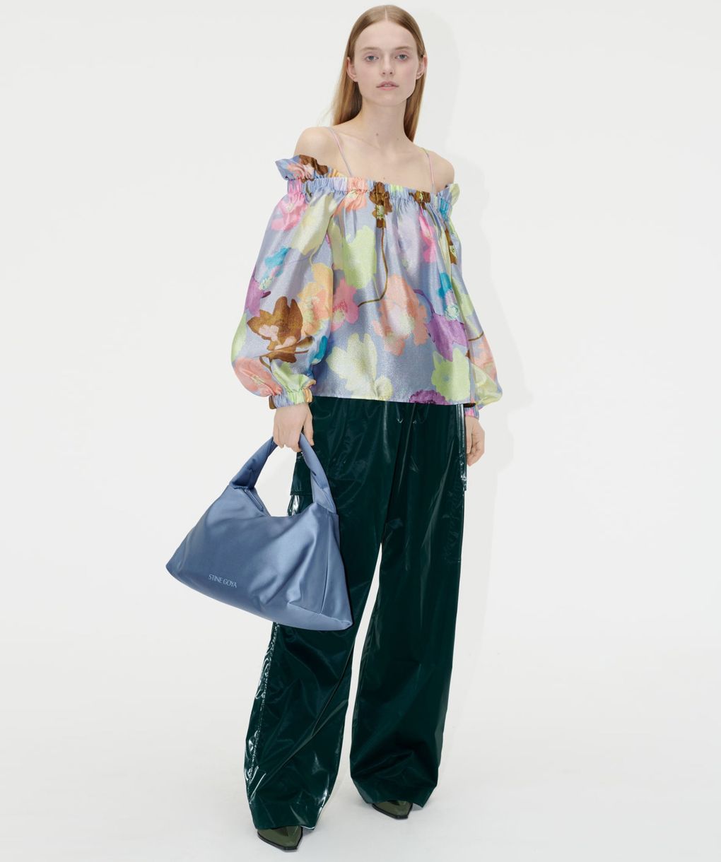 STINE GOYA stefanie off shoulders straps satin floral printed blouse with puff sleeves