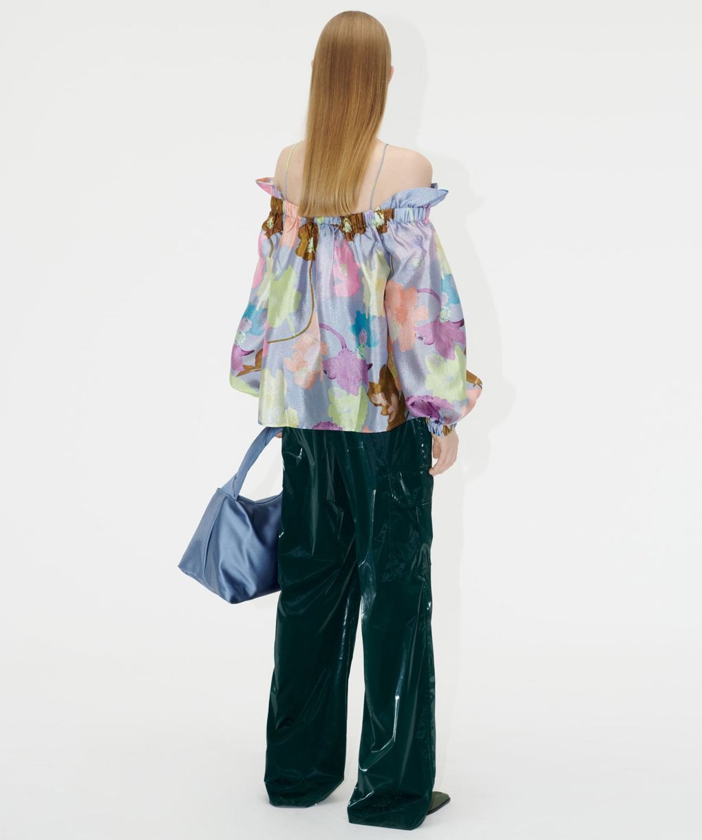 STINE GOYA stefanie off shoulders straps satin floral printed blouse with puff sleeves