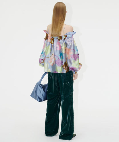 STINE GOYA stefanie off shoulders straps satin floral printed blouse with puff sleeves
