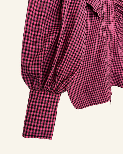 GANNI seersucker checkered gingham pink and black ruffled blouse with puff sleeves