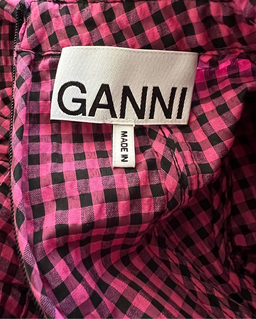 GANNI seersucker checkered gingham pink and black ruffled blouse with puff sleeves