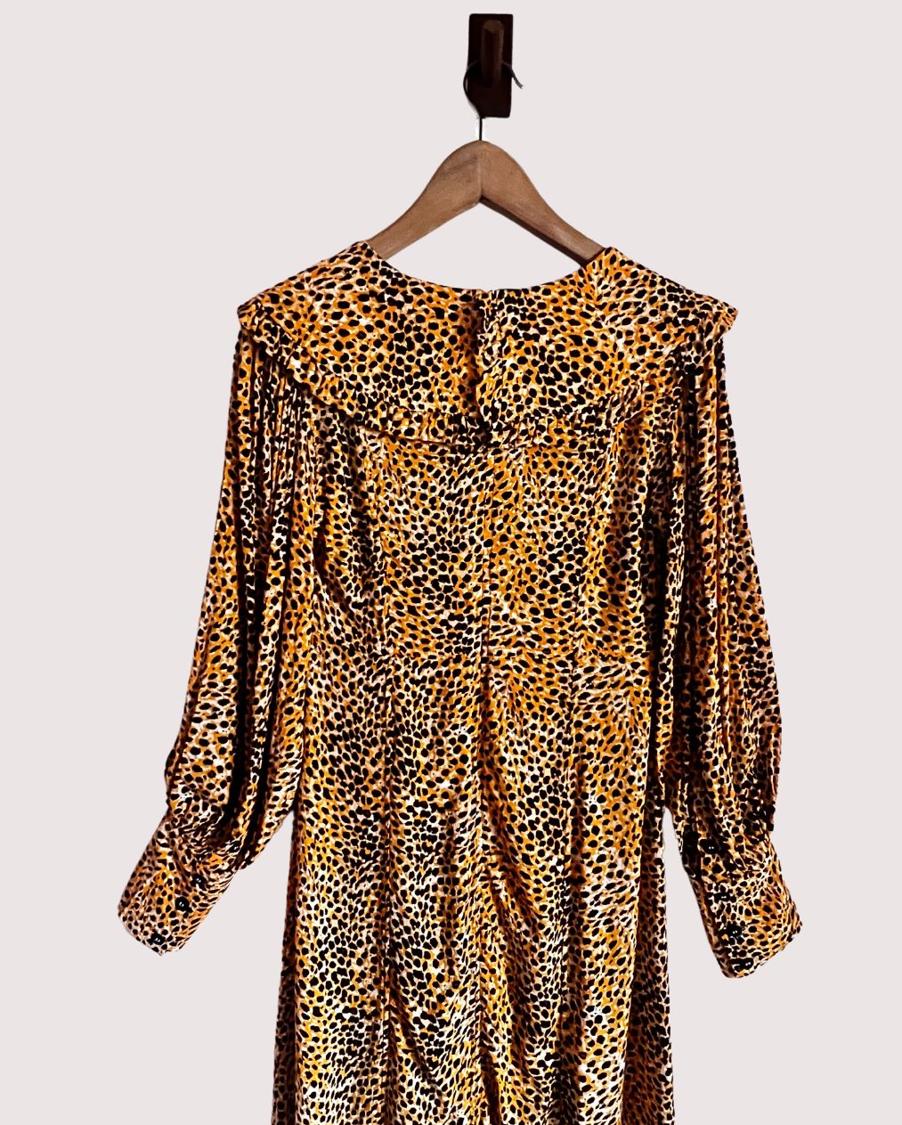 GANNI leopard print long dress with signature ruffled collar