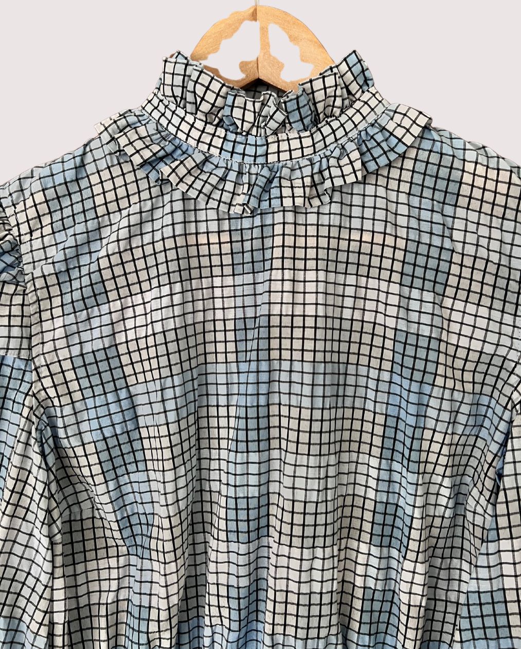 GANNI blue checked ruffled seersucker blouse