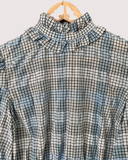 GANNI blue checked ruffled seersucker blouse