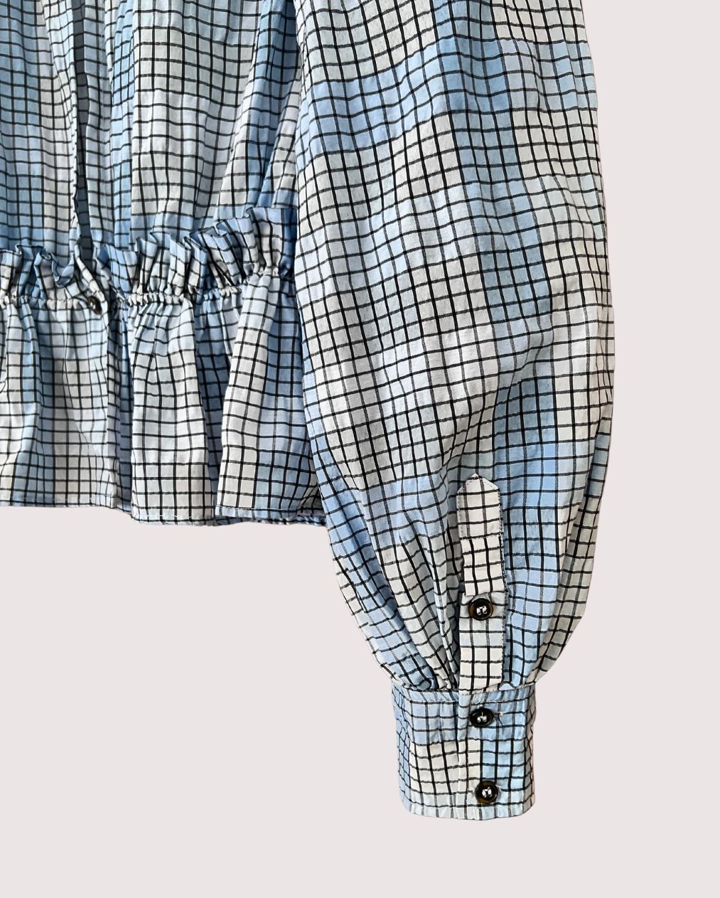 GANNI blue checked ruffled seersucker blouse