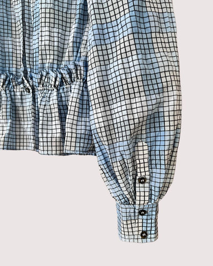 GANNI blue checked ruffled seersucker blouse