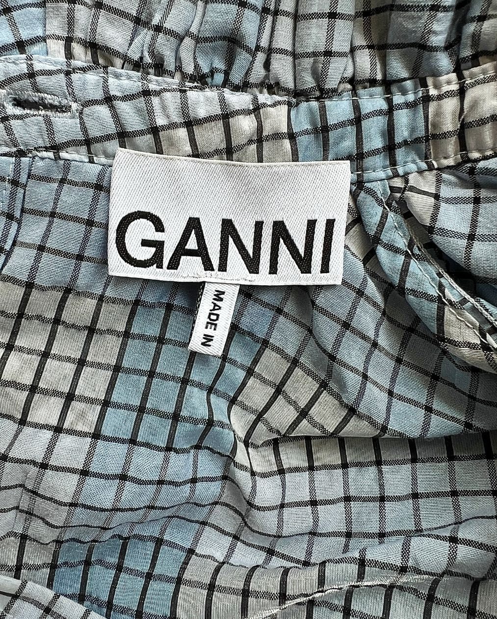 GANNI blue checked ruffled seersucker blouse