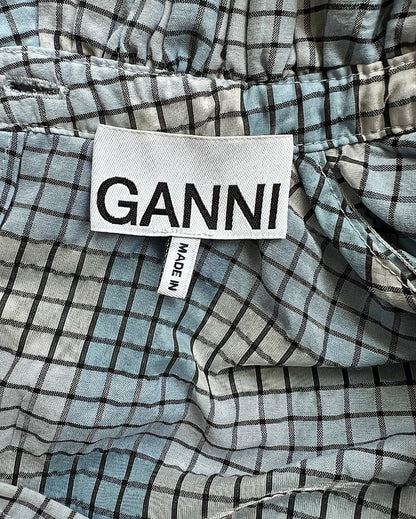 GANNI blue checked ruffled seersucker blouse