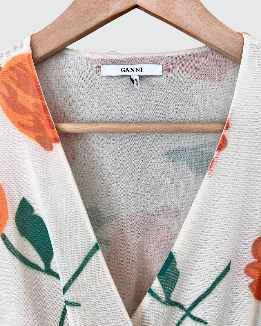 ganni white floral mesh wrap dress GANNI off-white floral tulip wrap mini mesh dress BOREAL REBORN
