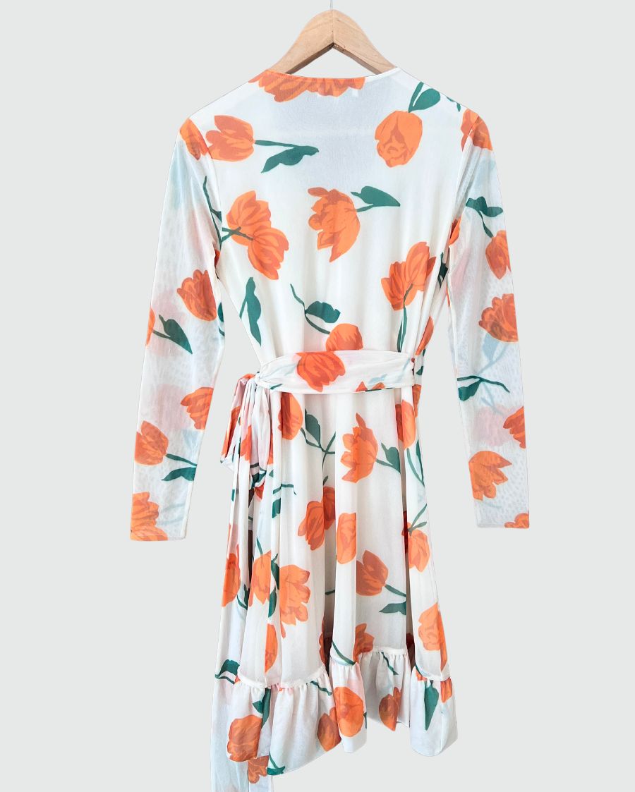 GANNI "Tilden Mesh" floral tulip wrap short dress