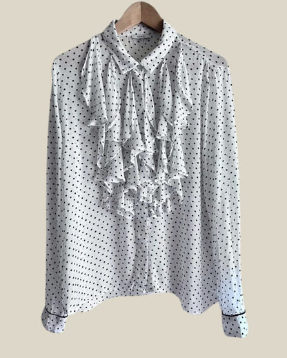 ganni rometty georgette white black polka dot ruffle blouse shirt