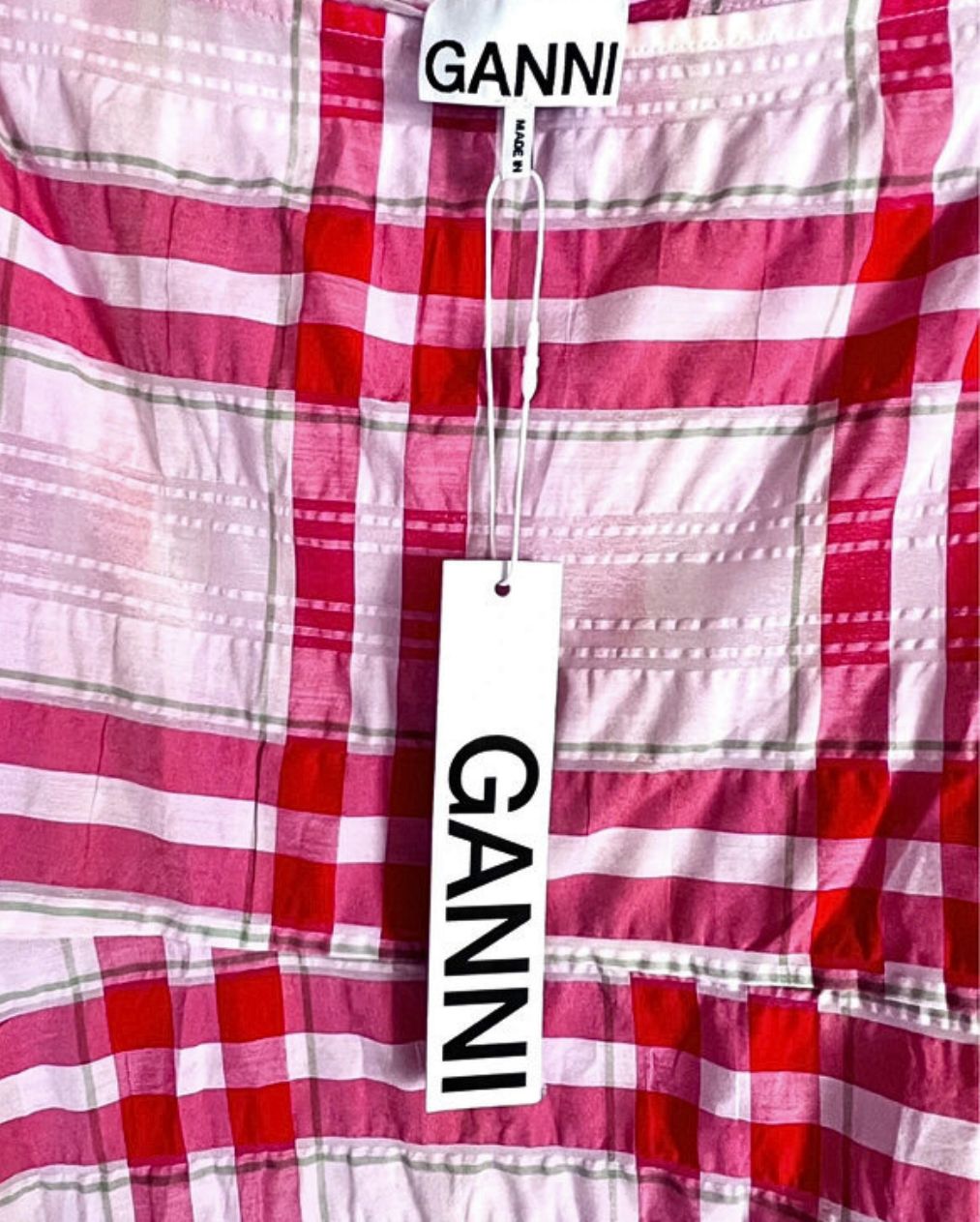 ganni check seersucker pink red wrap skirt coton