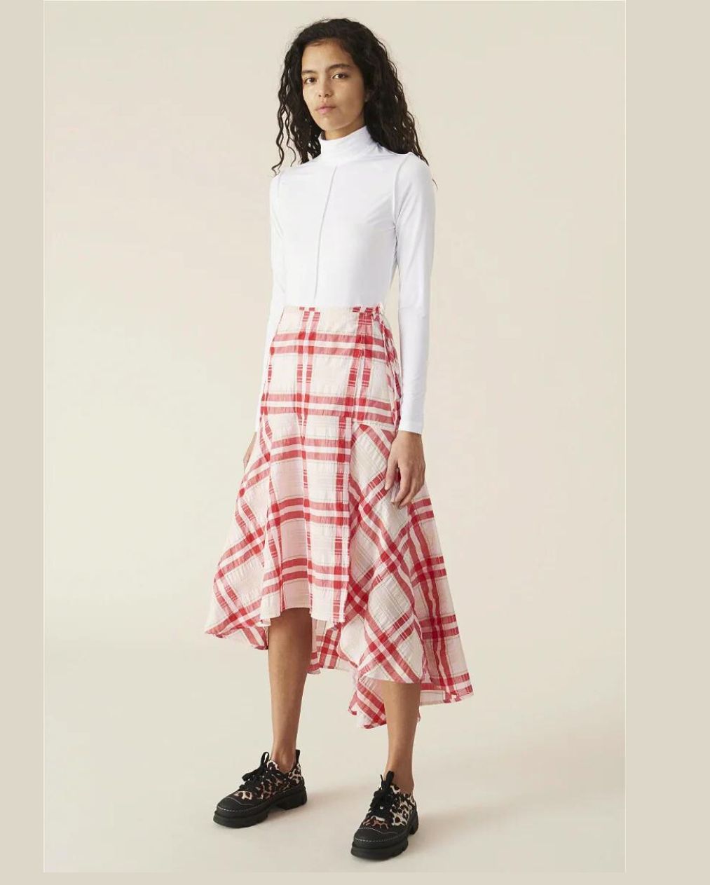 ganni check seersucker pink red wrap skirt coton