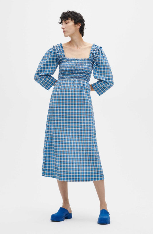 GANNI blue checked seersucker smocked dress