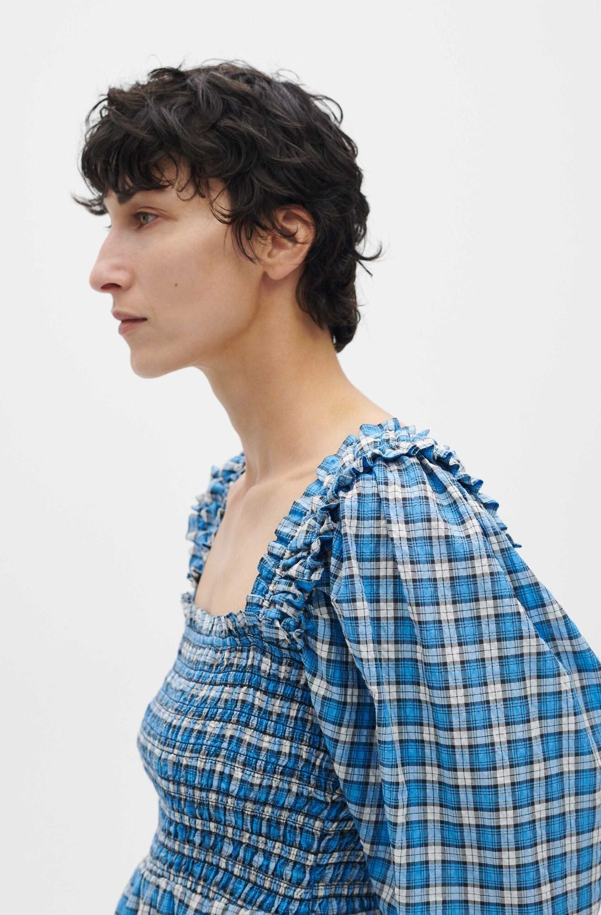 GANNI blue checked seersucker smocked dress