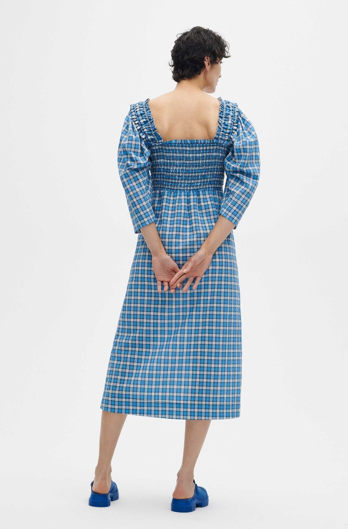 GANNI blue checked seersucker smocked dress