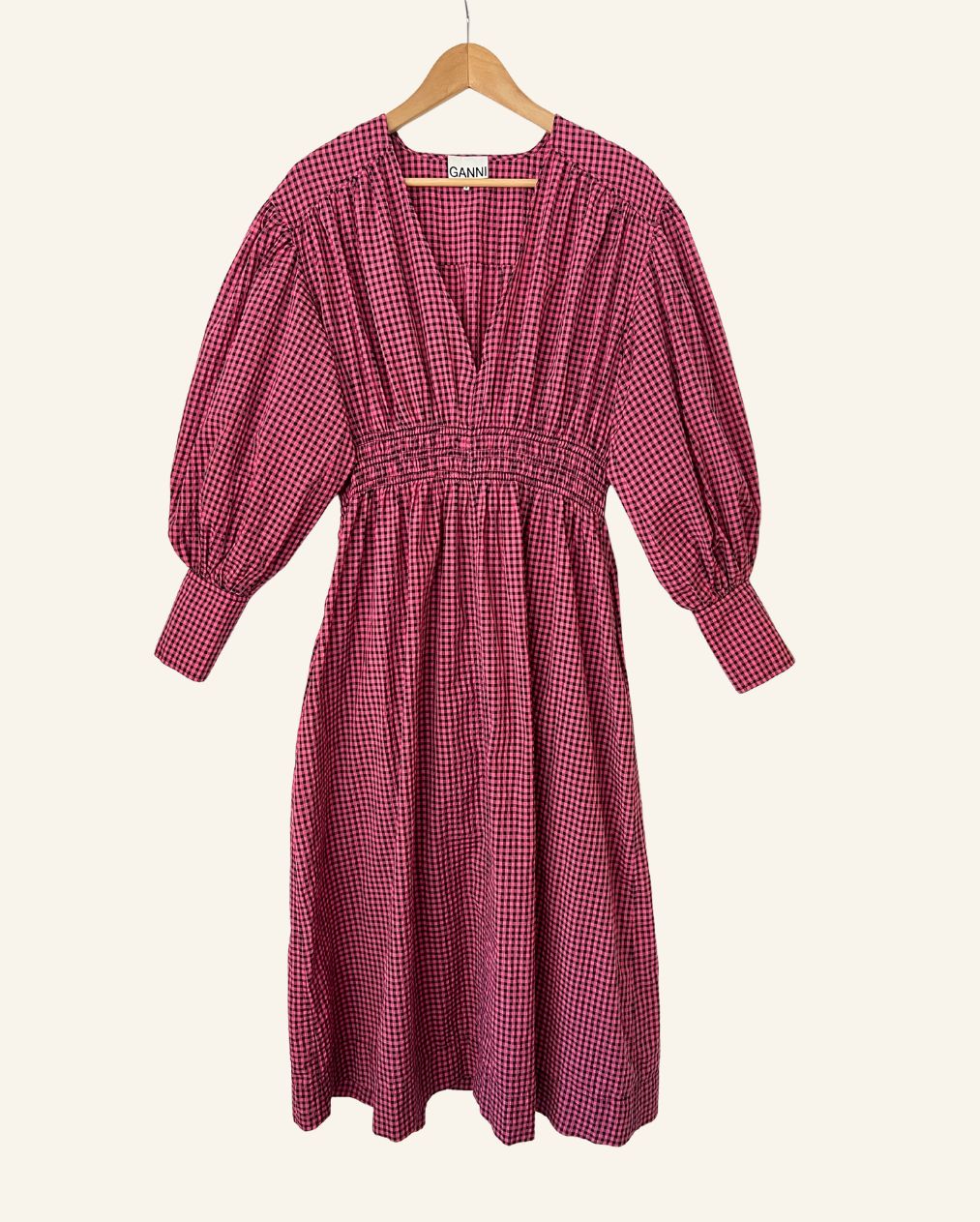 Seersucker gingham long midi dress  pink black puff sleeves ganni