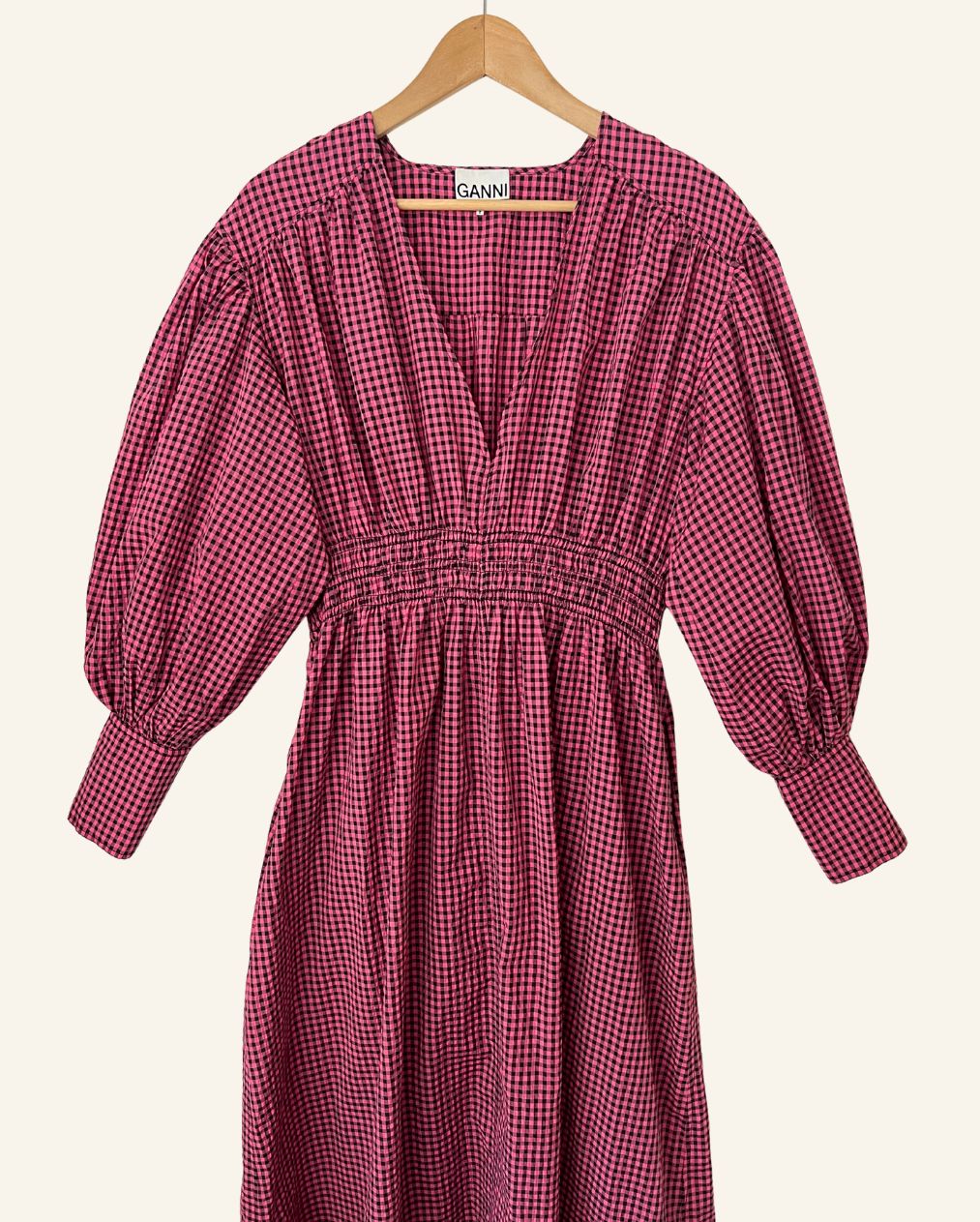 Seersucker gingham long midi dress  pink black puff sleeves ganni