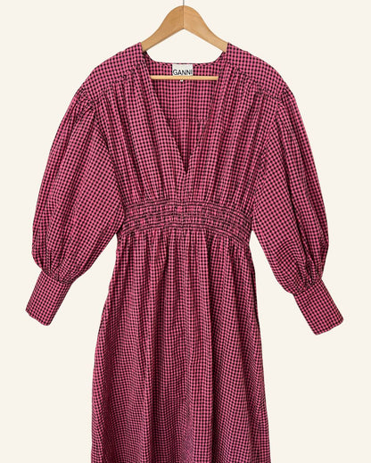 Seersucker gingham long midi dress  pink black puff sleeves ganni